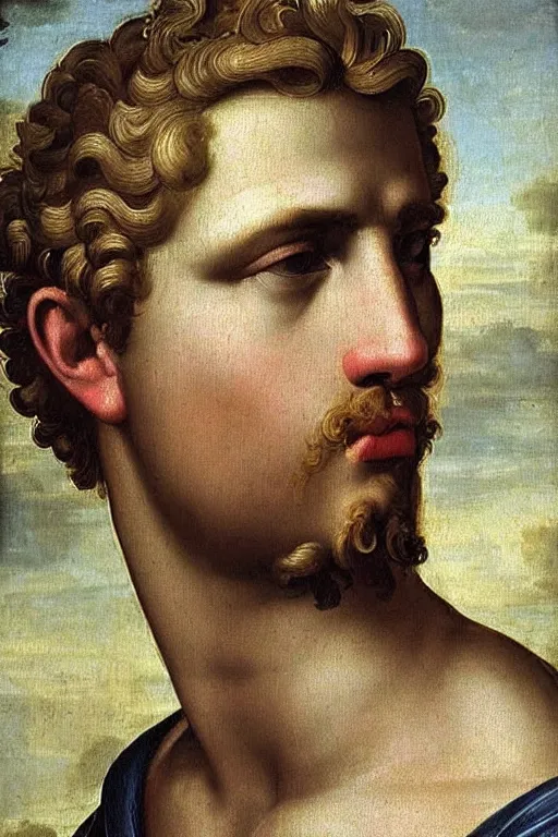 Image similar to renaissance painting of man, short blonde hair, thoughtful face, emotions closeup, dressed in roman armour, the beautiful garden with olive leaves, ultra detailed, art by Guido Reni style, Vincenzo Catena style