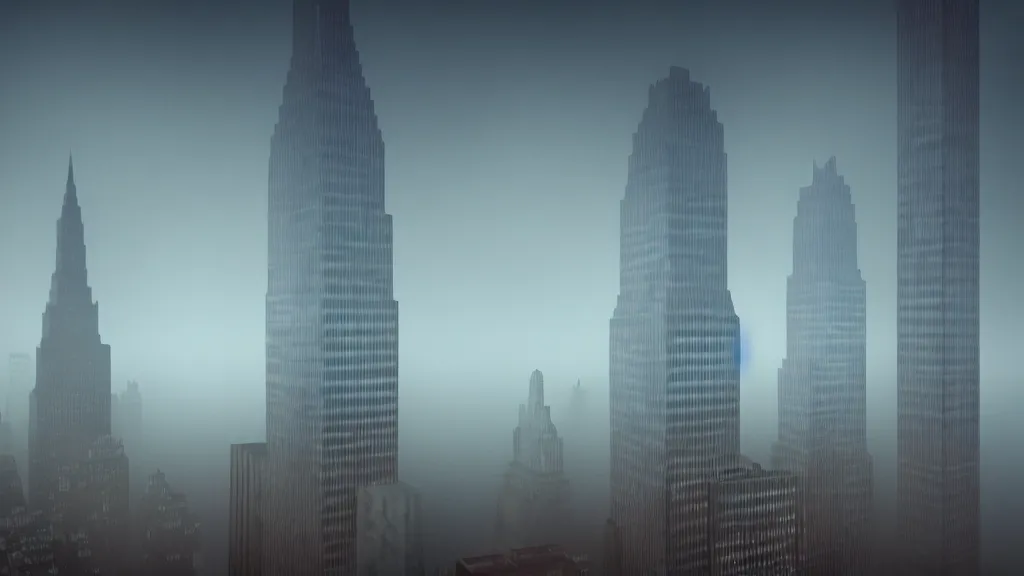 Prompt: Hulk sized Obama towers over a foggy Manhattan; render by Beeple, 4K; unreal, epic scene; ominous; bizarre world; odd world