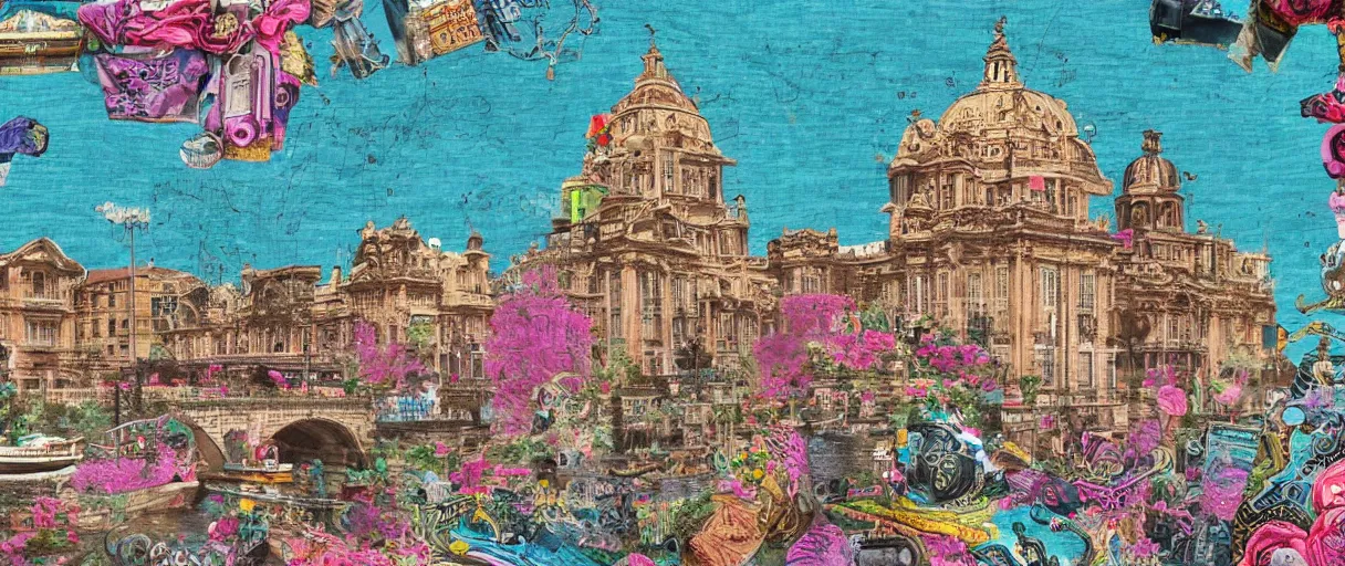 Prompt: a building along a river, seen from the long distance. people walking on a bridge. maximalist mixed media collage, baroque embroidery rich fabric textures. childrenbook illustration in vibrant pastel tones. matte background. HD 8x