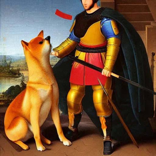 Prompt: a shiba inu knight renaissance painting