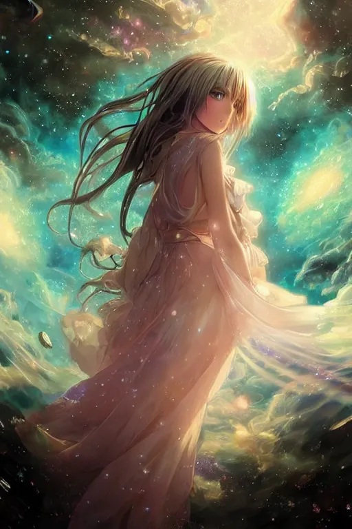 Image similar to anime key visual of a beautiful girl wearing a dress made of stars and nebulae, dramatic, volumetric lighting, planets in the background, intricate, magical forest, stunning, highly detailed, digital painting, artstation, smooth, hard focus, illustration, art by artgerm and greg rutkowski and alphonse mucha