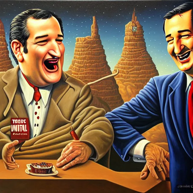 Image similar to an oil on canvas portrait painting of ted cruz telling a joke about the the republican party, surrealism, surrealist, cosmic horror, rob gonsalves, high detail