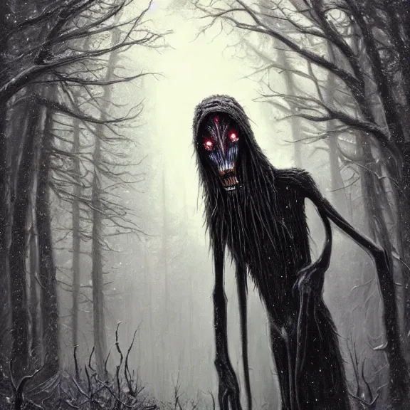 Image similar to cloaked humanoid wendigo feasting, nighttime located in a snowy dark forest, lurking horror, distant shot, dungeons and dragons, magic the gathering, forboding, high detail, oil painting, style of seb mckinnon