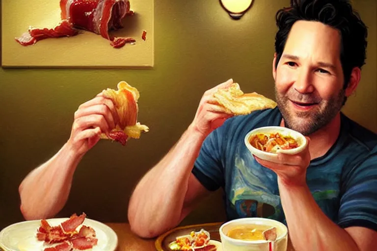 Prompt: paul rudd eating bacon at a dennys late night, an oil painting by ross tran and thomas kincade