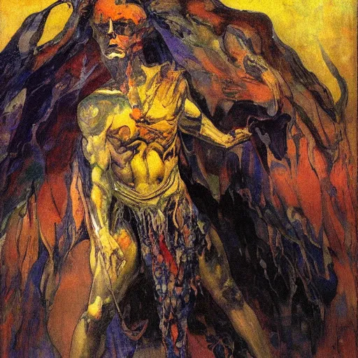 Image similar to comics sandmanin a cloak by Neil Gaiman, Vrubel The Demon, by Mikhail Vrubel, oil painting, art gallery, art museum, small details, whole-length