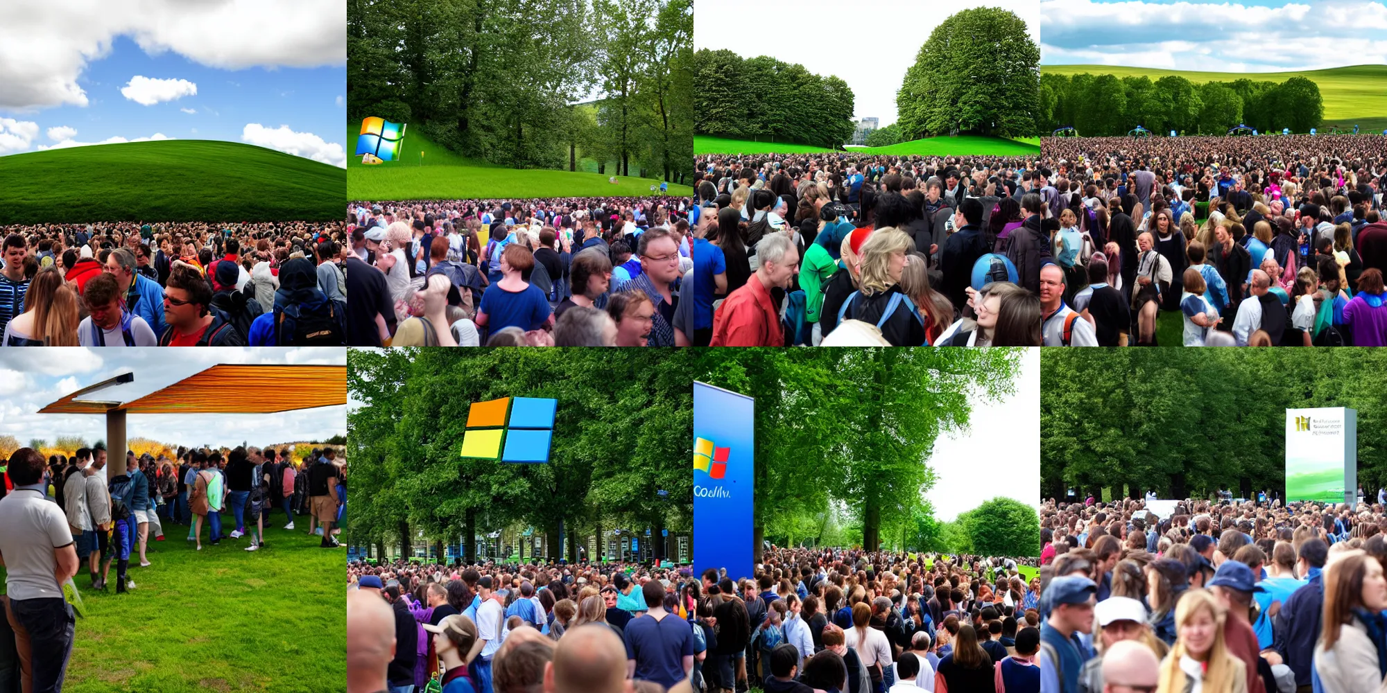 Prompt: Windows XP Background, crowds of people gathered around, speakers corner