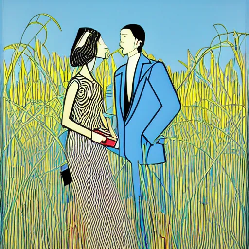 Prompt: opulent, bold by patrick caulfield. a beautiful conceptual art of a man & a woman in a field of tall grass with the sun setting behind them