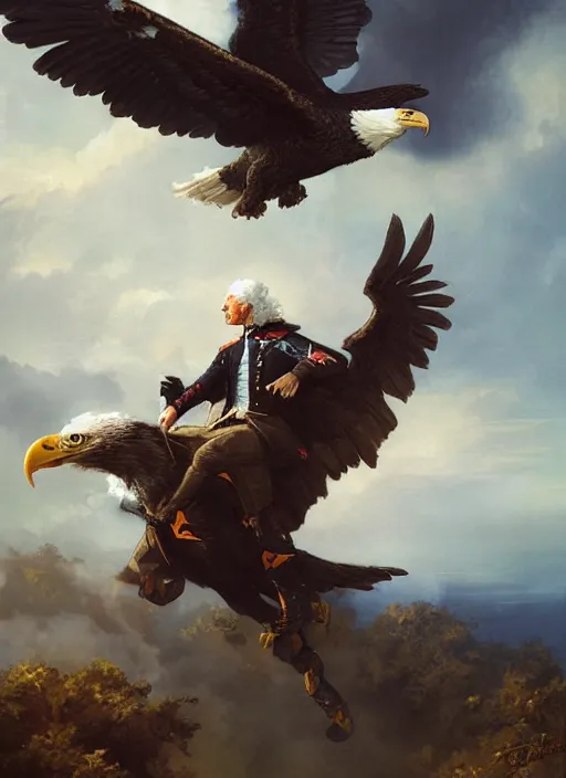 Prompt: epic action redbull portrait of george washington soaring on backs of a giant bald eagle by greg rutkowski, fantasy, winds spread