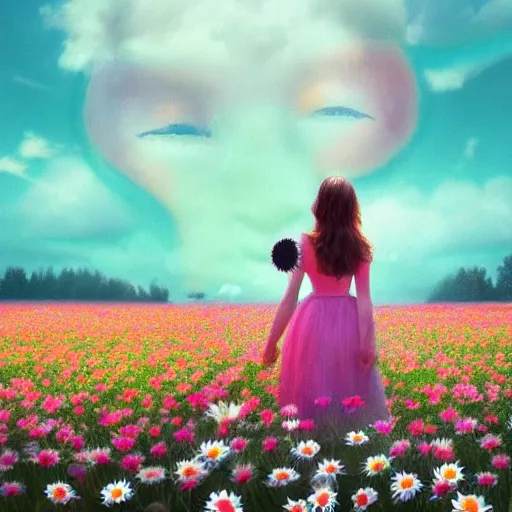 Image similar to daisy flower as a face, girl walking in flower field, holding daisy, surreal photography, sunrise, impressionist painting, colorful clouds, digital painting, artstation, simon stalenhag, flower face