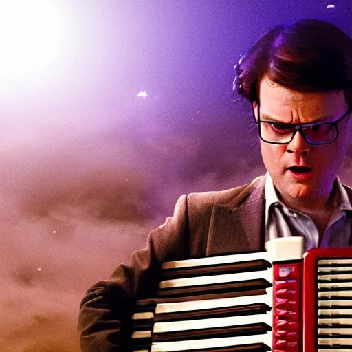 Prompt: dwight schrute playing the accordion aggressively, dramatic scene, heavy blue fog, red lightning, ultra wide angle, movie still, photorealistic, stranger things, netflix, upside - down, colorful lighting, grainy, aerial shot, shot from above, movie still, monsters in background holding back