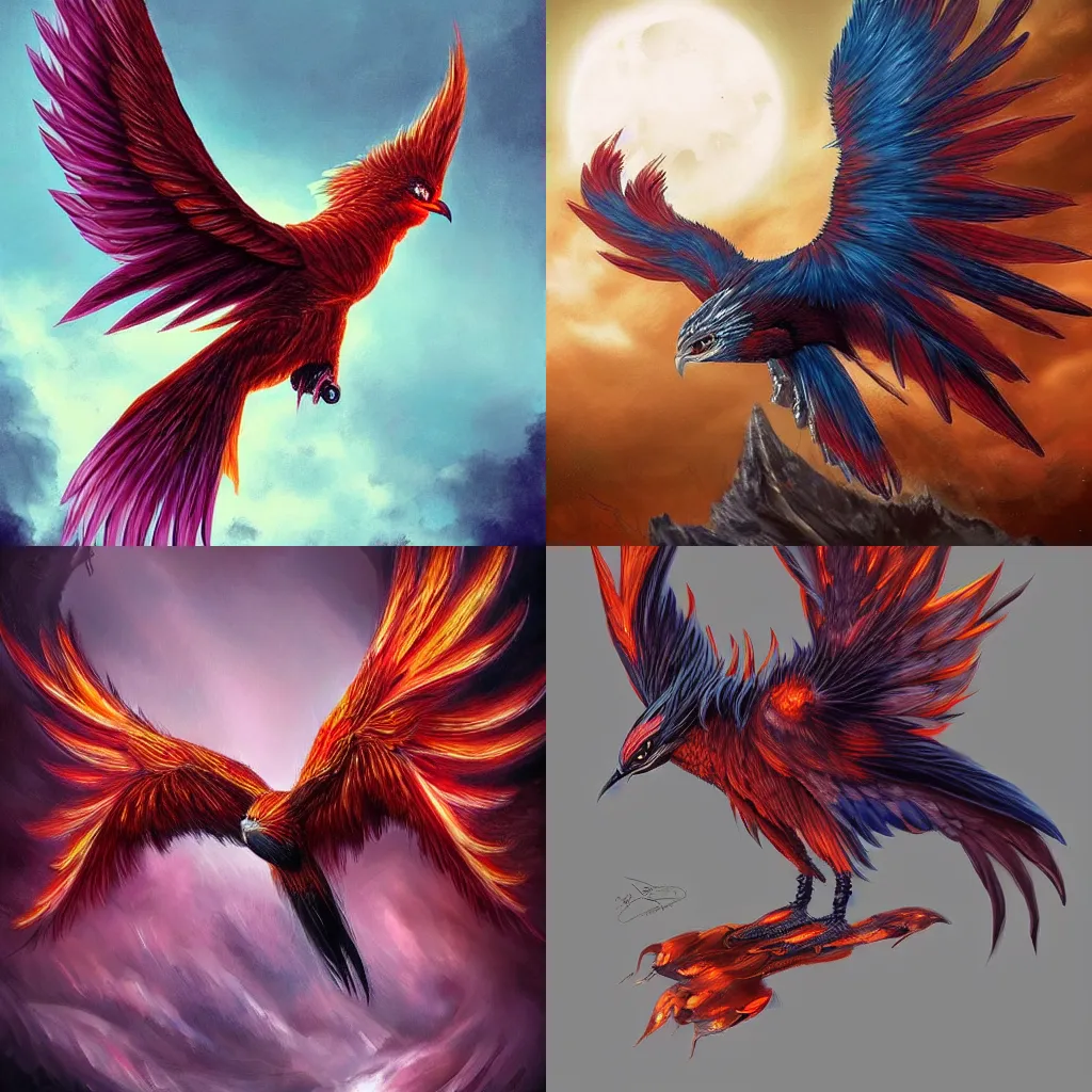 Prompt: avian hybrid of a firebird, a phoenix and a thunderbird merged in the same body, avian shape, dark fantasy art, featured on artstation, daily deviation, detailed, sharp focus