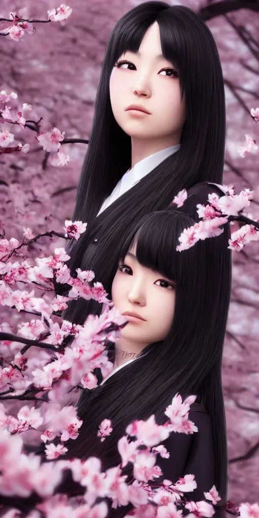 Image similar to a beautiful detailed render of an attractive japanese female with long black hair covering part of her face and wearing a seifuku, standing next to a beautiful cherry blossom tree, centered, trending on artstation and deviantart and behance, extreme detailing, dim dusk lighting, cinematic lighting, detailed lighting, volumetric lighting, realistic, f 8, 4 k hd wallpaper