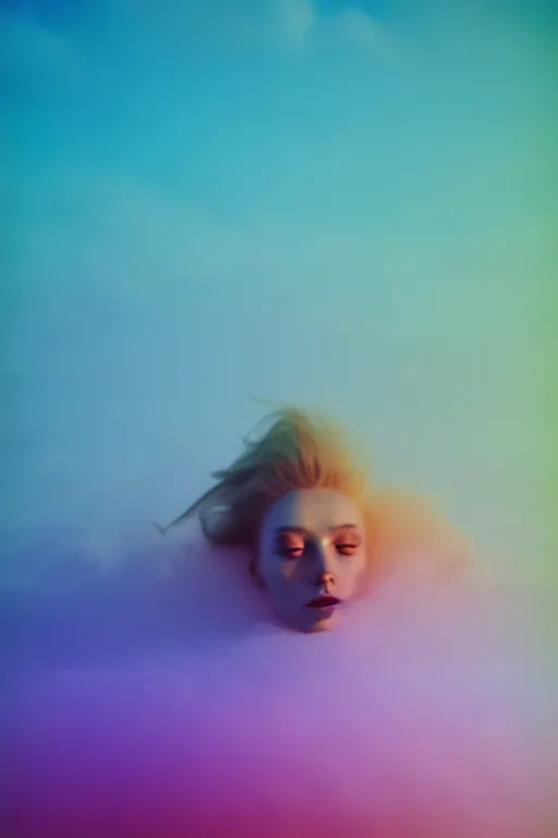 Image similar to high quality pastel coloured film close up wide angle photograph of a model wearing clothing swimming on cloud furniture in a icelandic black rock!! environment in a partially haze filled dreamstate world. three point light, rainbow. photographic production. art directed. pastel colours. volumetric clouds. pastel gradient overlay. waves glitch artefacts. extreme facial clarity. 8 k. filmic.