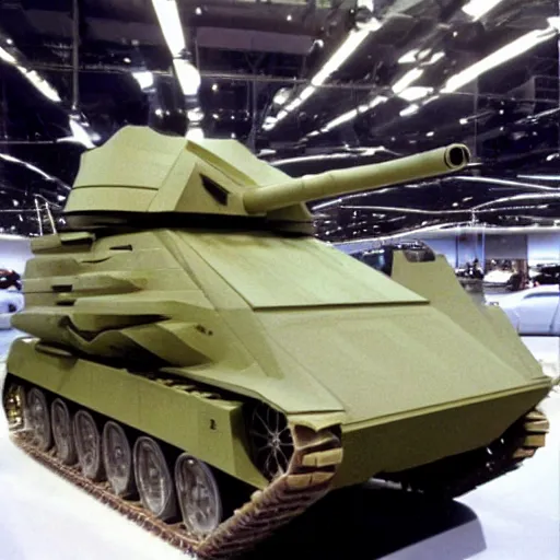 Prompt: Military tank concept from 1976, designed by Giorgetto Giugiaro, presented at the North American Auto Show 1976