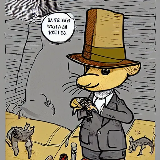 Prompt: a cute detective yorkshire terrier wearing a fedora in a dar alley, style of Geof Darrow