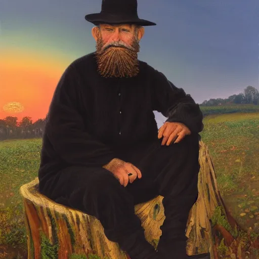 Image similar to A bearded old man wearing an all-black outfit sitting on a tree stump in a field at sunrise, oil on canvas, 8k, highly detailed and intricate,