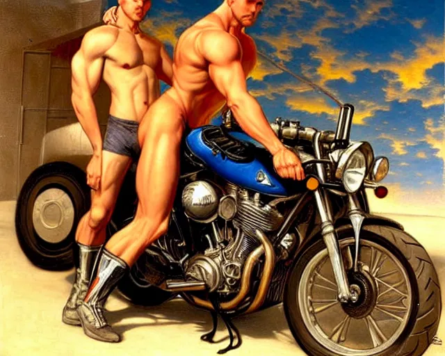 Image similar to handsome tattooed blonde gym bro next to a motorcycle, cool colors, hard angles, painting by gaston bussiere, craig mullins, j. c. leyendecker, tom of finland