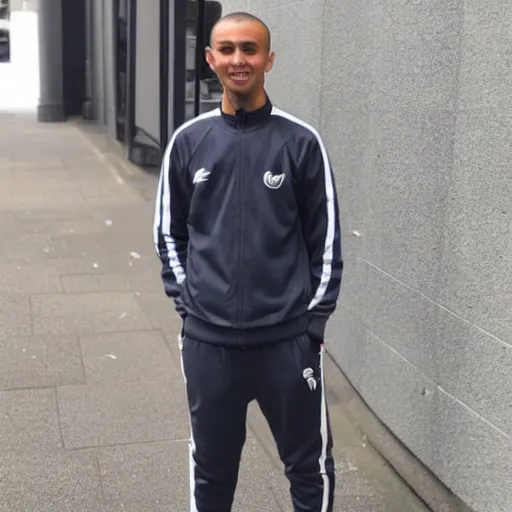 Image similar to skinny mixed race man wearing a tracksuit with trousers are half way down in london