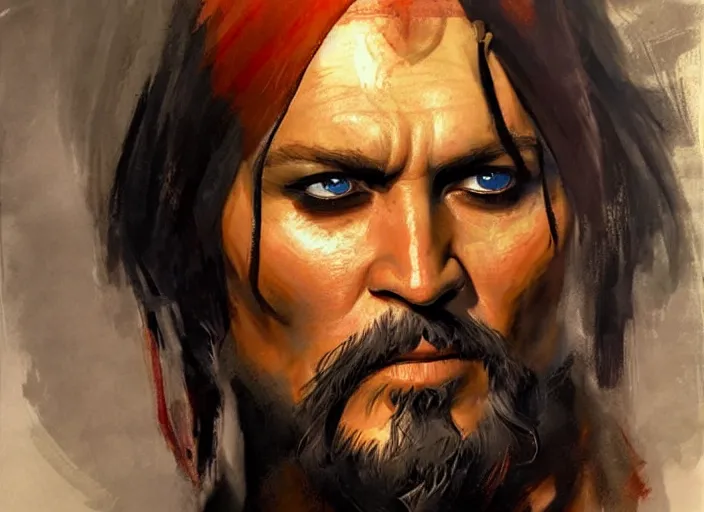 Image similar to a highly detailed beautiful portrait of johny depp as kratos, by gregory manchess, james gurney, james jean