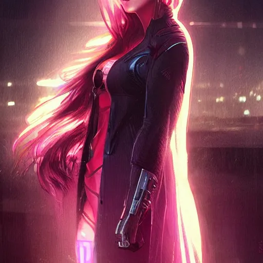Image similar to cinematic side portrait woman, cyberpunk outfit large cloak, landscape, neon light in the hair, supervillain, undercut hairstyle, dark light night, intricate, elegant, sharp focus, illustration, highly detailed, digital painting, concept art, matte, art by wlop and artgerm and greg rutkowski and alphonse mucha, masterpiece