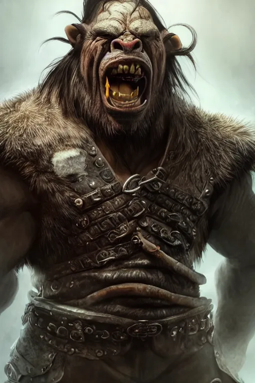 Prompt: A full body shot of a handsome orc looking into the camera wearing a leather fur jacket, full body shot, detailed face, orc, white teeth, portrait, artstation, realistic, highly detailed, symmetrical, D&D, Dungeons & Dragons, hyper realistic, dynamic pose, high detail, octane render, unreal engine, 8k, fantasy art, highly detailed, dramatic lighting, concept art