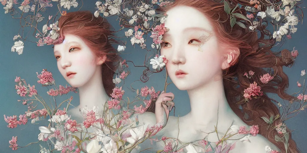 Image similar to breathtaking detailed concept art painting blend of two redhair goddess of light blue flowers by hsiao - ron cheng with anxious piercing eyes, vintage illustration pattern with bizarre compositions blend of flowers and fruits and birds by beto val and john james audubon, exquisite detail, extremely moody lighting, 8 k