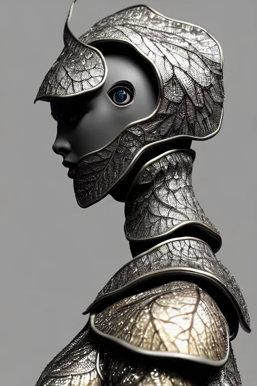 Image similar to monochrome close - up profile face, black background, beautiful young porcelain bio - mechanical vegetal - dragon - cyborg - female, white metallic armour, silver gold details, magnolia leaves and stems, roots, mandelbot fractal, 1 5 0 mm, beautiful natural soft rim light, elegant, hyper real, ultra detailed, octane render, 1 6 k