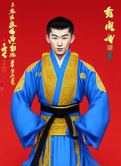 Image similar to male martial artist!! manchu chinese hairstyle!!!! asian facial features and blue eyes!! intricate ornate blue robes!! character concept art, sharp focus, octane render! unreal engine 5! highly rendered!! trending on artstation!! detailed linework!! illustration by artgerm, wlop, and chie yoshii