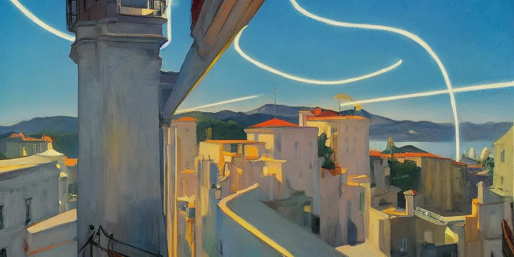 Image similar to street art. paralyzed by the indescribable beauty of the cosmos. amazing view of the electric trail from city of sintra. art style by edward hopper daring, incredible