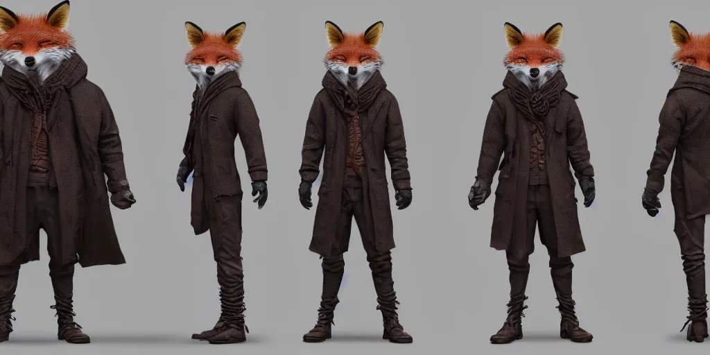 Image similar to man with the face of a fox, character sheet, concept design, contrast, hot toys, kim jung gi, greg rutkowski, zabrocki, karlkka, jayison devadas, trending on artstation, 8 k, ultra wide angle, pincushion lens effect