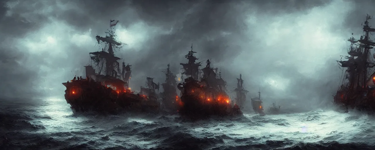 Image similar to fantasy ornate pirate warship on a stormy sea, fog, night, dramatic lighting, greg rutkowski, 4 k, artstation, matte painting, artstation