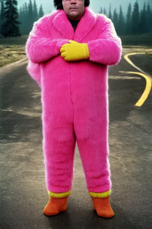 Image similar to 1 8 mm f 1 6 wide shot full body portrait photography of a worried man wearing pink and yellow fur mittens who looks like a mix of lou diamond phillips and jack black wearing a retro alien invasion movie costume from the 1 9 6 0 s, photo by gregory crewdson