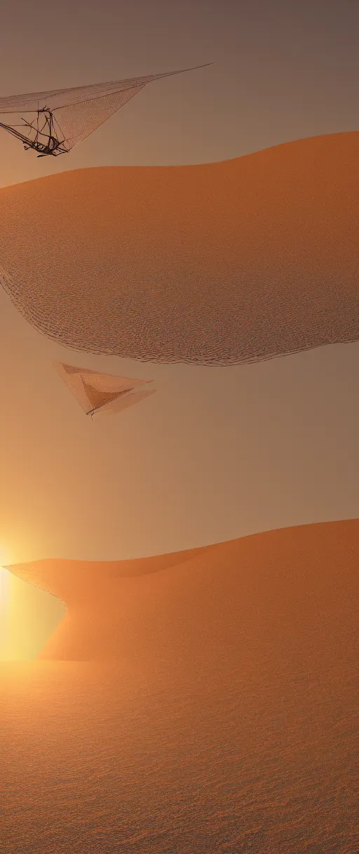 Image similar to an ornithopter on dune, giant sand worms in the background, light orange sunset, volumetric light, hdr, 8 k, bokeh designed by moebius kow yokoyama