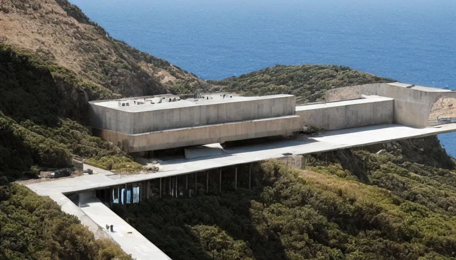 Prompt: big military base perched on a cliff overlooking a magnificient bay, drawing architecture, pritzker architecture prize, greig fraser