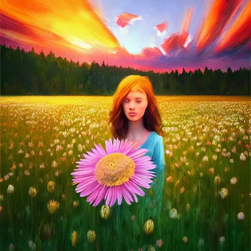 Prompt: girl with a giant daisy head, surreal photography, flower field, sunset dramatic light, impressionist painting, colorful clouds, blue sky, digital painting, artstation, simon stalenhag