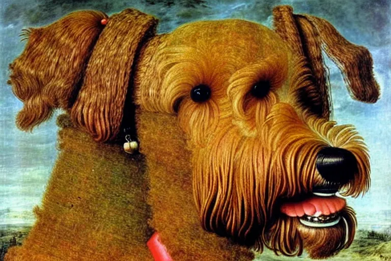 Image similar to portrait of airedale terrier. painting by giuseppe arcimboldo