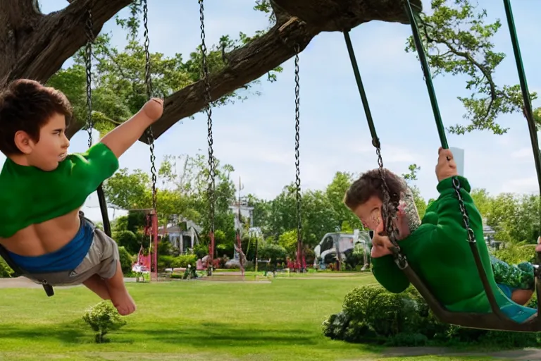 Image similar to hulk in a kid's swing at the children park, still shot from the new hulk movie, 4 k