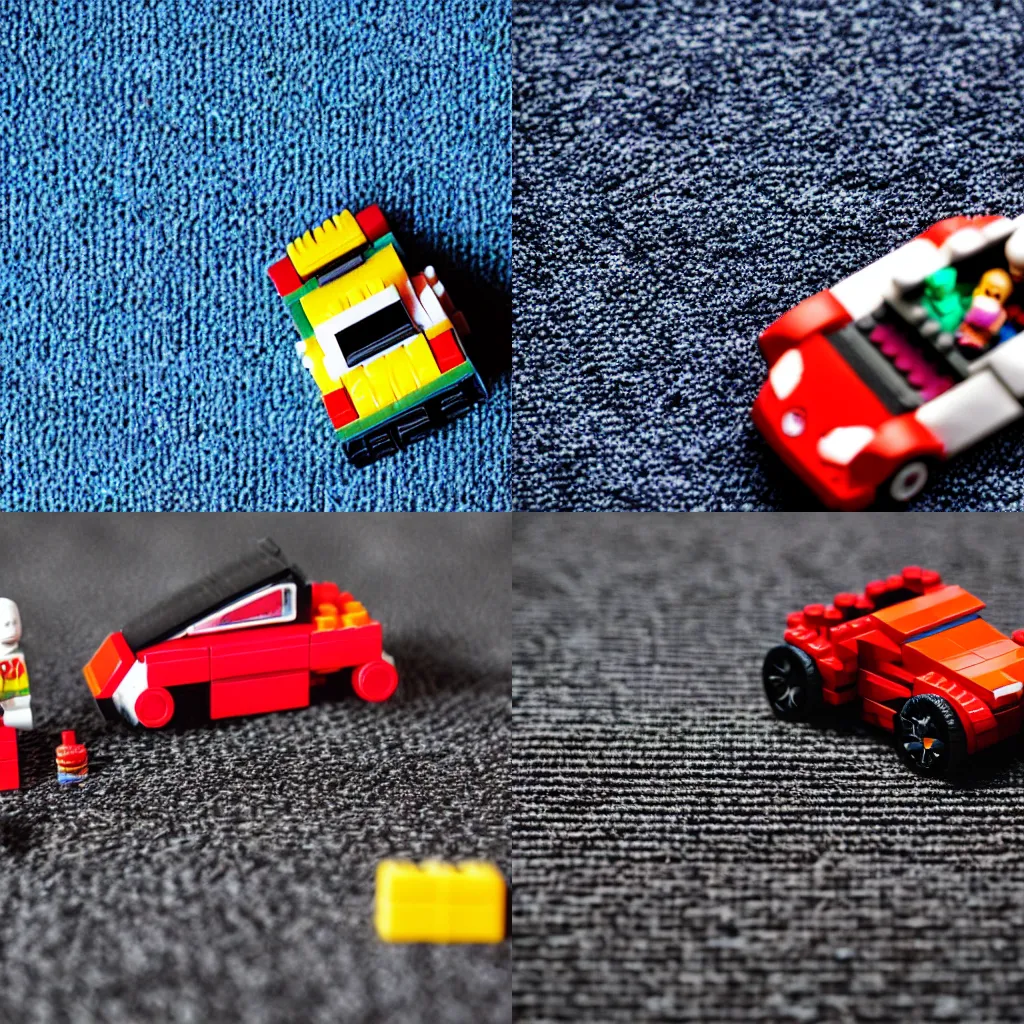 Prompt: a futuristic toy car on carpet next to legos, macro, dslr