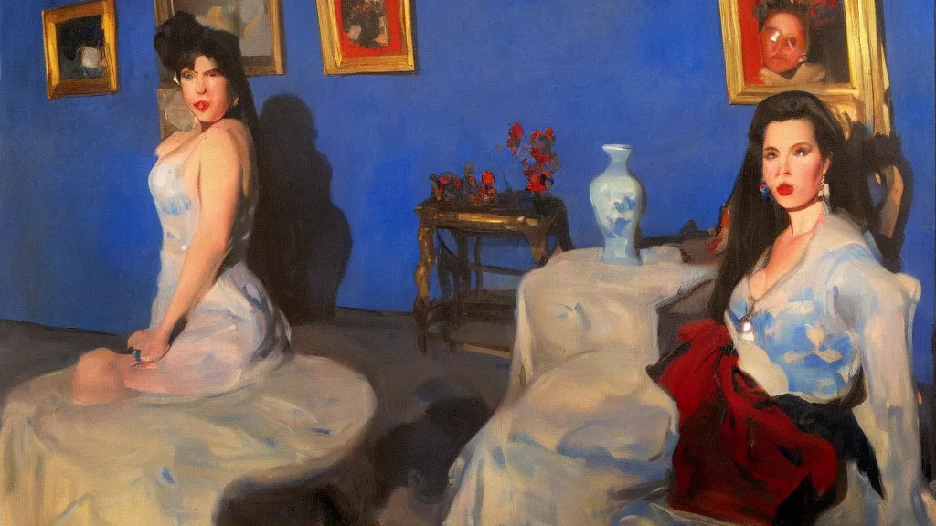 Prompt: portrait of rebekah delrio in mulholland drive, big persian blue pot, blue and red lights painted by john singer sargent