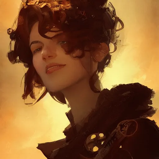 Image similar to portrait of a beautiful steampunk girl with short brown hair, men's haircut, and smiling, dramatic lighting, illustration by greg rutkowski, yoji shinkawa, 4 k, digital art, concept art, trending on artstation