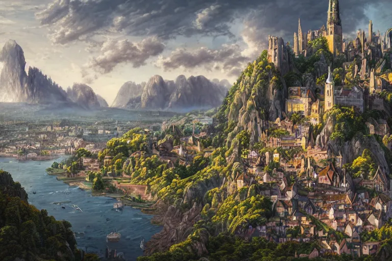 Image similar to an ultra detailed matte landscape painting of an german renaissance capital city built into the side of a mountain with many tall spirally towers, sweeping vista, tiny coastal fishing village very far away, ultrawide lens, aerial photography, 8 k, volumetric lighting, smooth, highly detailed, digital illustration, art by greg rutkowski and akira toriyama and artgerm