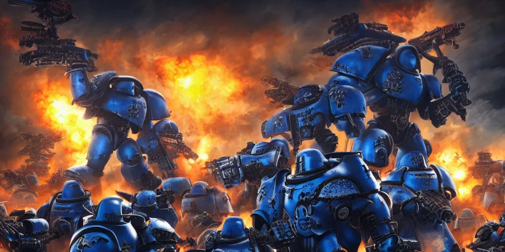 Prompt: warhammer 40k ultramarines, adeptus astartes, on the battle field, explosions and ruined empire on the background, digital art, illustration, wide angle, fine details, cinematic, highly detailed, octane render, 4k, unreal engine