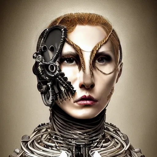 Image similar to portrait of a Shibari rope wrapped face and neck, headshot, insanely nice professional hair style, dramatic hair color, digital painting, of a old 13th century, biomechanical cyborg banker, amber jewels, baroque, ornate clothing, scifi, realistic, hyperdetailed, chiaroscuro, concept art, art by Franz Hals and Jon Foster and Ayami Kojima and Amano and Karol Bak,