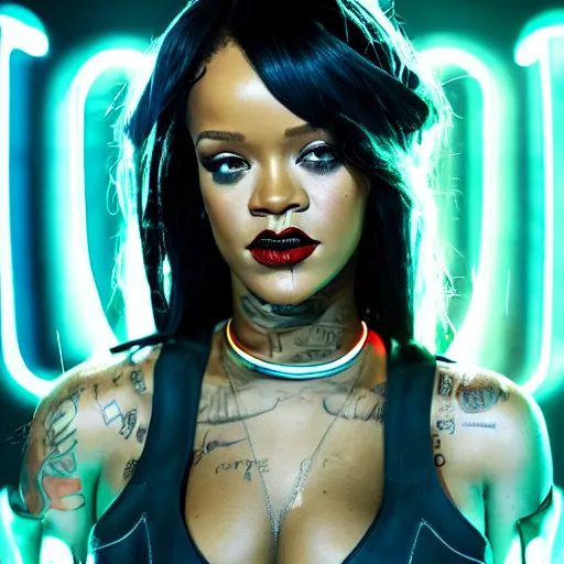 Image similar to portrait of rihanna as a futuristic cyborg, surrounded by neon lights, cinematic, fantasy