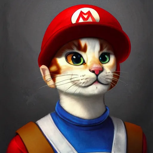 Prompt: Portrait of a Cat dressed as Super Mario, Mario hat, nintendo, highly detailed, digital painting, artstation, concept art, smooth, sharp focus, illustration, art by artgerm and greg rutkowski and alphonse mucha