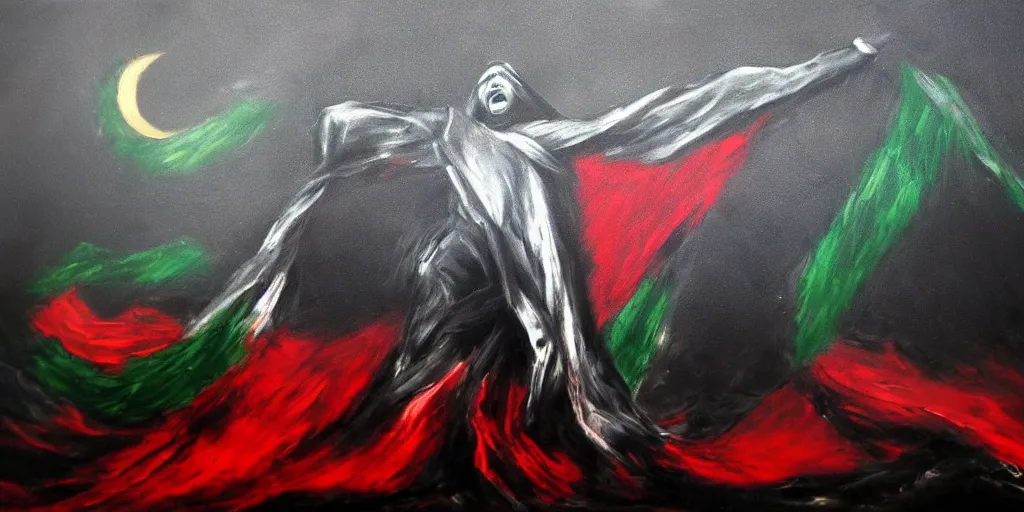 Image similar to dramatic dark oil painting of freedom for palestine, red green white black