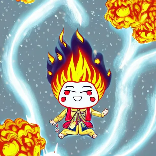 Prompt: fluffy popcorn hit by lightning, yokai, in the style of a manga character, with a smiling face and flames for hair, sitting on a lotus flower, white background, simple, clean composition, symmetrical