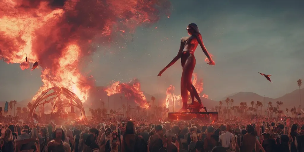 Image similar to realistic cinematic views of a orwellian coachella with fires in the background and dead seagulls falling from the sky in front of the main stage worshipping a large statue of kylie jenner, hyper detailed, terror glows, hyper realistic, digital painting, 8 k, 3 5 mm film grain, octane render