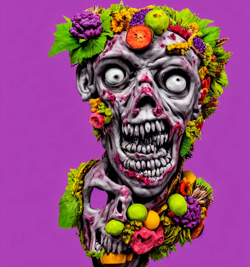 Prompt: portrait headshot of a zombie punk, head made of fruit and flowers in the style of arcimboldo, photorealistic, dynamic lighting, action figure, clay sculpture, claymation, soft pink and purple background