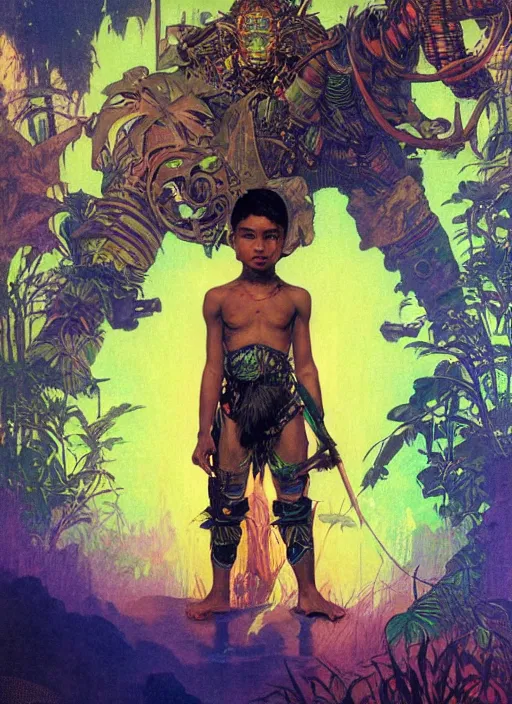 Image similar to portrait of a little epic cyborg warrior boy character with dark skin and a big robot tiger at his side in the middle of a lush jungle. diffuse neon light, dramatic landscape, fantasy illustration, matte painting by mucha